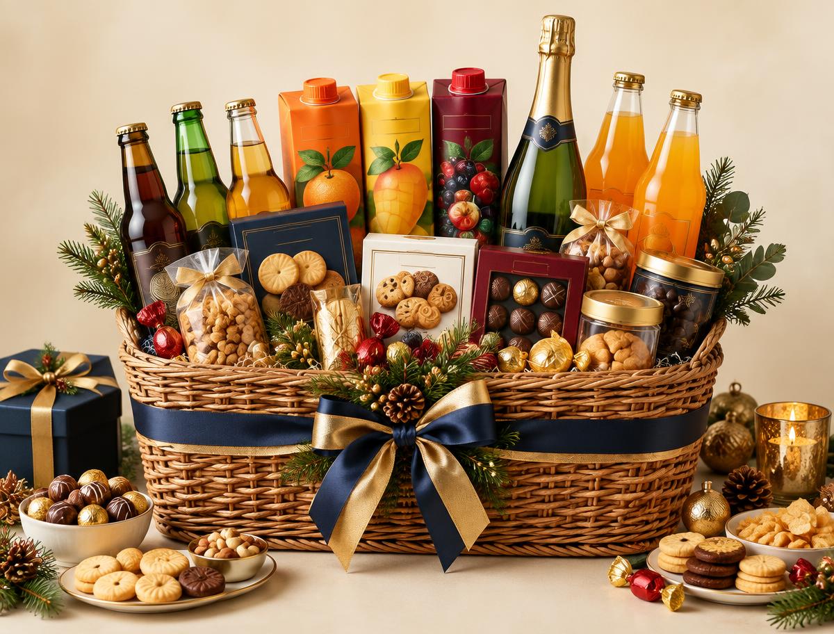 Family hamper with alcohol-free malt, juice, soft drinks, biscuits and chocolates
