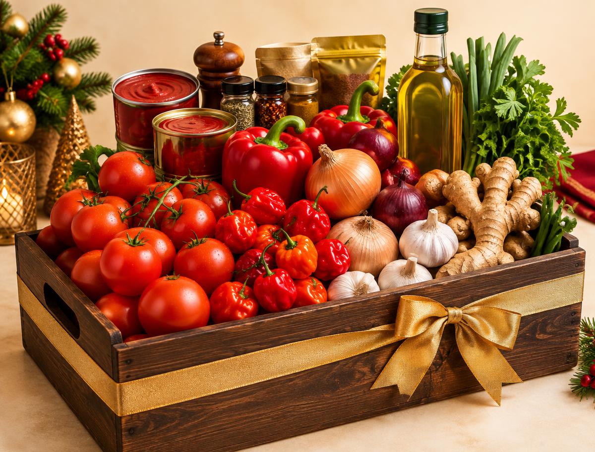 Fresh tomatoes, peppers, onions, garlic, ginger and cooking essentials in a premium Christmas crate