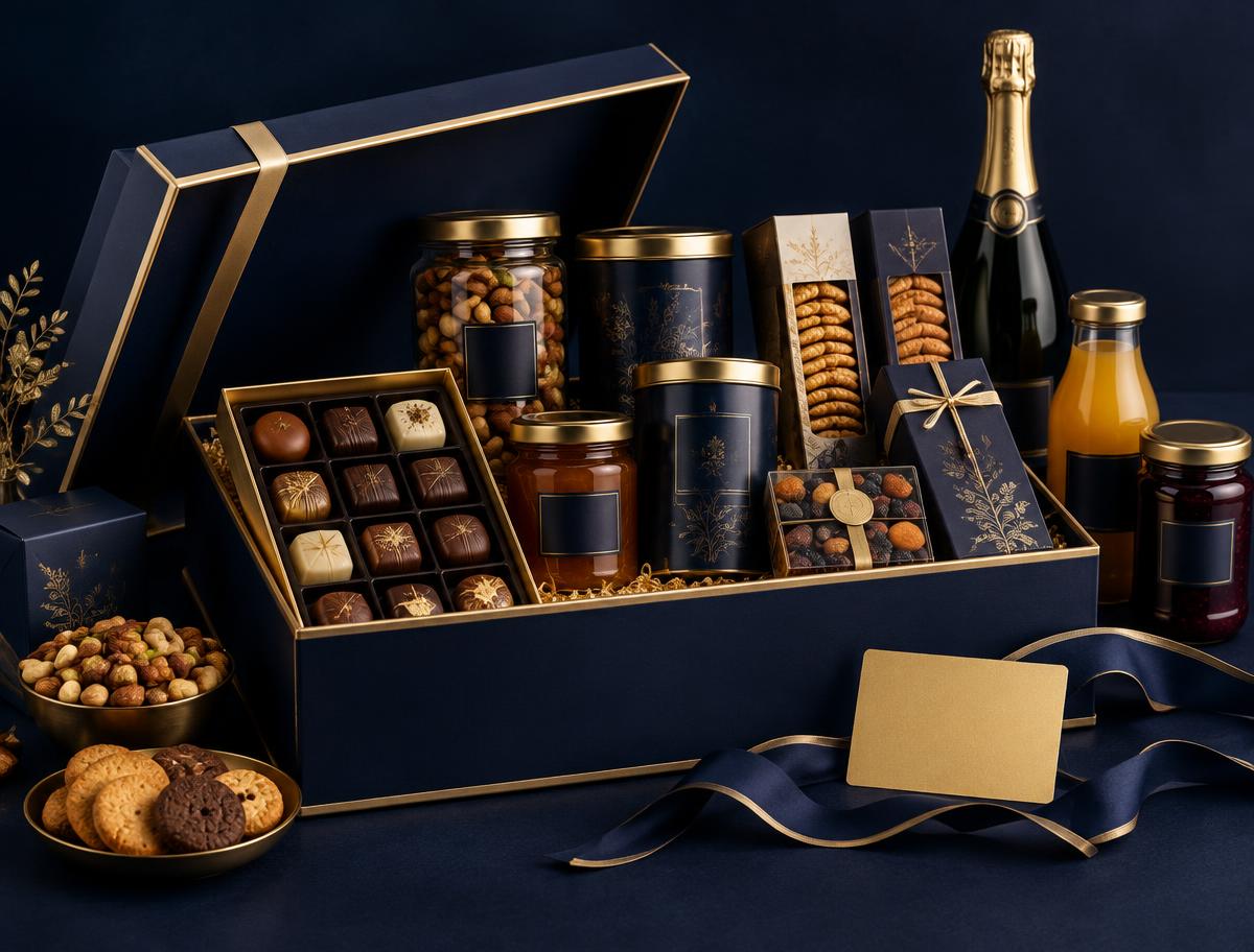 Luxury navy and gold executive gift box with premium chocolates, nuts, preserves and optional beverages
