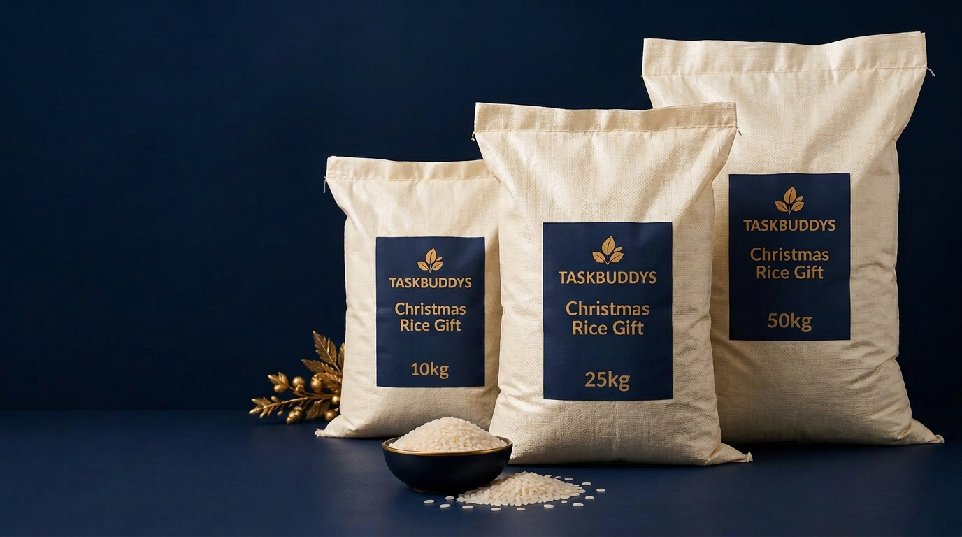 Practical woven rice sacks with locally printable TaskBuddys labels: 10kg, 25kg front and centre, and larger 50kg